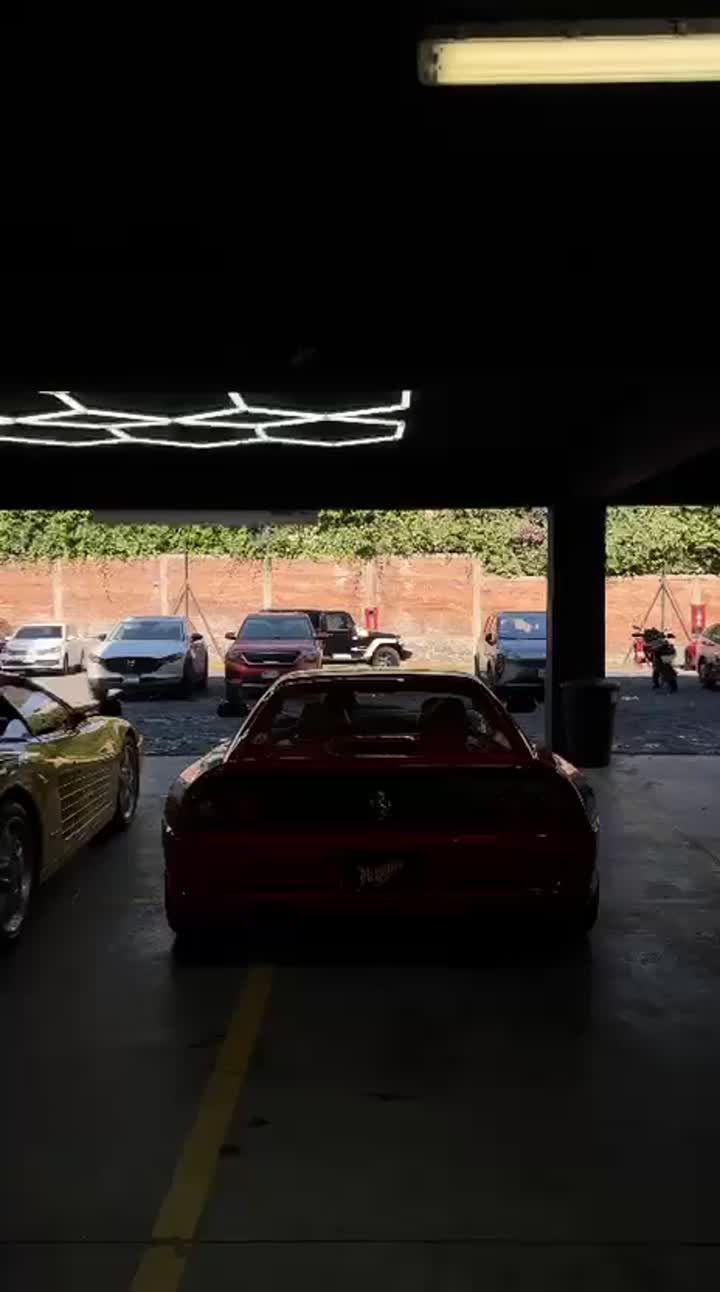 Vista trasera del Ferrari 355 rojo junto al amarillo en la bahía de detallado